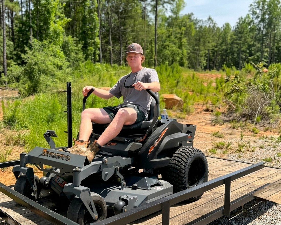 Evan Long, owner of Longs Outdoor Services, on a zero-turn mower